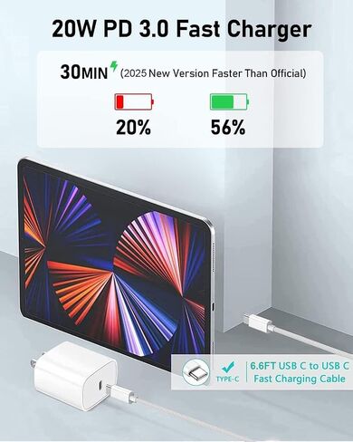شاحن سريع USB C بقوة 20 وات مع كابل شحن USB C منسوج بطول 6.6 أقدام لأجهزة Apple iPad Pro 13.9/12/11 بوصة، iPad Air 13/11 بوصة/5/4th، iPad A16/10th Generation، iPad mini 7/6 in Saudi Arabia