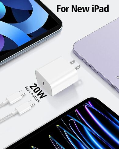 شاحن سريع USB C بقوة 20 وات مع كابل شحن USB C منسوج بطول 6.6 أقدام لأجهزة Apple iPad Pro 13.9/12/11 بوصة، iPad Air 13/11 بوصة/5/4th، iPad A16/10th Generation، iPad mini 7/6 in Saudi Arabia