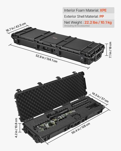 VEVOR Rifle Case, Rifle Hard Case with 4 Layers Fully-protective Foams, Detachable XPE Foam, 50 inch Lockable Gun Storage with Wheels, IP67 Waterproof & Dustproof, for Rifle, Shotgun, Black in Saudi Arabia