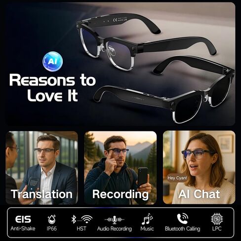 نظارات الكاميرا الذكية - صور بدقة 8 ميجابكسل وفيديو سلس بدقة 4K، التعرف على الكائنات بتقنية الذكاء الاصطناعي، الترجمة في الوقت الفعلي، صوت ومكالمات عبر البلوتوث، تقليل الضوضاء بميكروفون مزدوج، تصميم نصف إطار IP65 (ضوء بولي) in Kuwait