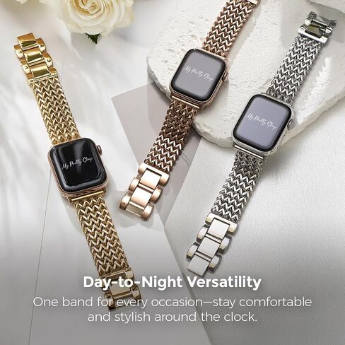 حزام My Pretty - حزام متوافق مع ساعة Apple Watch، حزام بديل من الفولاذ المقاوم للصدأ لساعة iWatch - سهل تغيير الحجم، لا حاجة لأي أداة، يناسب معظم المعصم - السلسلة 1-11، SE وUltra in Kuwait