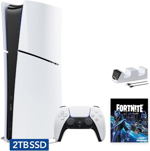جهاز بلاي ستيشن 5 النحيف المطور 2 تيرابايت إصدار رقمي حزمة Fortnite Cobalt Star وشاحن وحدة التحكم - أبيض، وحدة تحكم ألعاب PS5 رفيعة مطورة 2 تيرابايت PCIe SSD [playstation_5] [لعبة فيديو] (متجددة) in Saudi Arabia