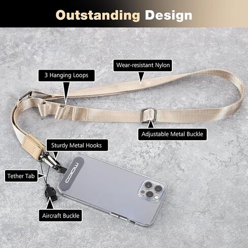MoKo Universal Phone Lanyard, Nylon Adjustable Crossbody Phone Lanyard with 1× Phone Strap, 2× Patches, 1× Tether, Neck Cell Phone Lanyard for Men and Women Compatible with Most Smartphones, Khaki in Saudi Arabia