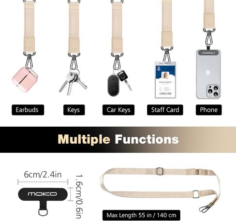 MoKo Universal Phone Lanyard, Nylon Adjustable Crossbody Phone Lanyard with 1× Phone Strap, 2× Patches, 1× Tether, Neck Cell Phone Lanyard for Men and Women Compatible with Most Smartphones, Khaki in Saudi Arabia