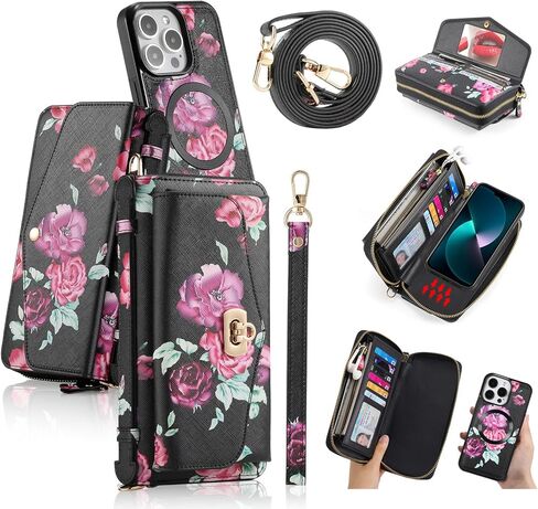 متوافق مع حافظة هاتف iPhone 17 Pro Max Crossbody Wallet، مغناطيسية قابلة للفصل، حامل بطاقة RFID، محفظة جلدية بسحاب معصم بحزام للنساء. زهرة زرقاء in Kuwait