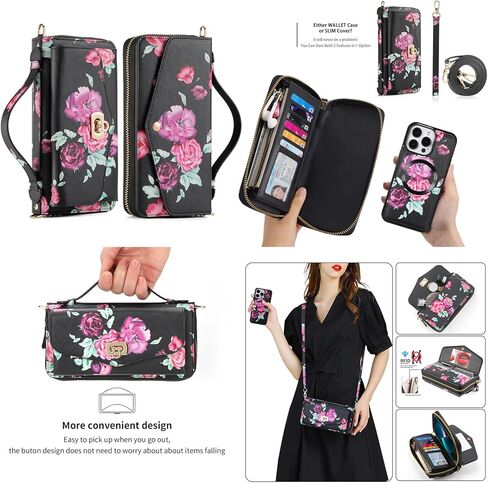 متوافق مع حافظة هاتف iPhone 17 Pro Max Crossbody Wallet، مغناطيسية قابلة للفصل، حامل بطاقة RFID، محفظة جلدية بسحاب معصم بحزام للنساء. زهرة زرقاء in Kuwait