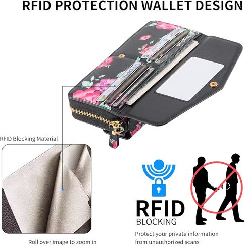 متوافق مع حافظة هاتف iPhone 17 Pro Max Crossbody Wallet، مغناطيسية قابلة للفصل، حامل بطاقة RFID، محفظة جلدية بسحاب معصم بحزام للنساء. زهرة زرقاء in Kuwait