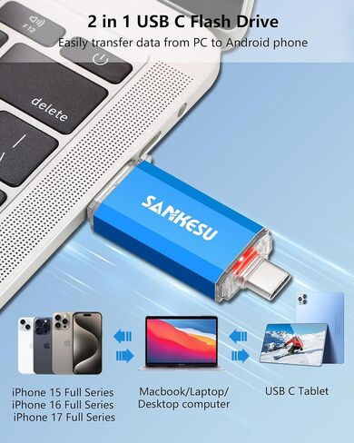 2 حزمة محرك أقراص فلاش USB C سعة 128 جيجابايت بسرعة 120 ميجابايت/ثانية، 3.0 محرك القفز USB-A ونوع C OTG، محرك إبهام مزدوج للكمبيوتر/الكمبيوتر المحمول/الهاتف الخلوي والكمبيوتر اللوحي من النوع C (فضي/أزرق) in Kuwait
