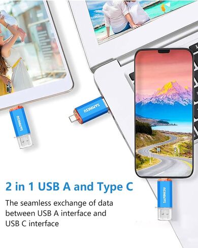 2 حزمة محرك أقراص فلاش USB C سعة 128 جيجابايت بسرعة 120 ميجابايت/ثانية، 3.0 محرك القفز USB-A ونوع C OTG، محرك إبهام مزدوج للكمبيوتر/الكمبيوتر المحمول/الهاتف الخلوي والكمبيوتر اللوحي من النوع C (فضي/أزرق) in Kuwait