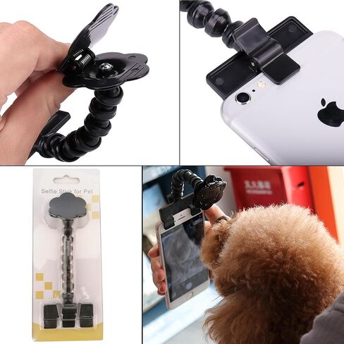 أداة سيلفي للحيوانات الأليفة، مشبك حلوى سيلفي للكلاب، حامل حلوى سيلفي للكلاب والقطط، أداة كاميرا ذات عدسة تبدو للكلاب، عصا سيلفي عالمية للحيوانات الأليفة مع دوران 360 درجة لقضبان سيلفي للحيوانات الأليفة ودعامات التصوير (أسود) in Kuwait