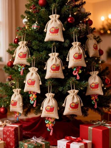 36 Pack Small Christmas Buffalo Plaid Gift Bags, Tiny Christmas Burlap Candy Bag with Drawstring for Xmas Stocking Stuffers, 9 Style Christmas Tree, Snowman, Santa Claus, Elk, Bell, Stocking etc in Kuwait