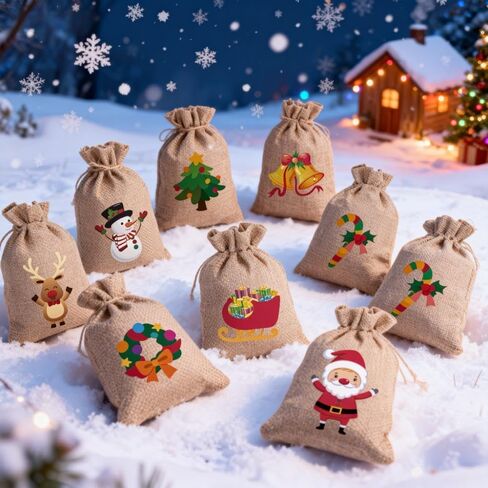 36 Pack Small Christmas Buffalo Plaid Gift Bags, Tiny Christmas Burlap Candy Bag with Drawstring for Xmas Stocking Stuffers, 9 Style Christmas Tree, Snowman, Santa Claus, Elk, Bell, Stocking etc in Kuwait