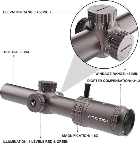 VICTOPTICS 1-6x24 30 مم أنبوب المستوى البؤري الثاني Riflescope مضيئة باللونين الأحمر والأخضر MIL شبكاني LPVO نطاق بندقية صفر إعادة ضبط قفل البرج مع حلقات نطاق ويفر للصيد التنافسي التكتيكي in Kuwait