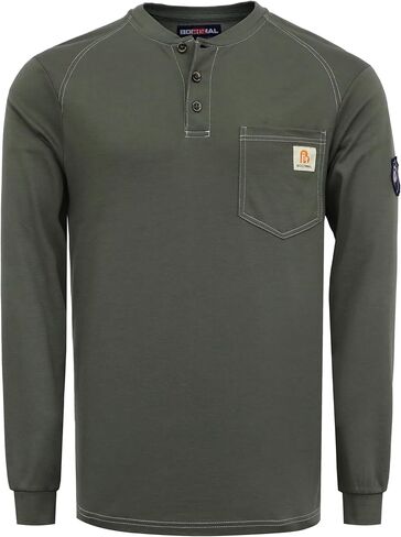 BOCOMAL Men's FR Henley Shirt Flame Resistant 5.5oz Cotton Long Sleeve Workwear UL NFPA2112 CAT2 Welding Tee in Saudi Arabia