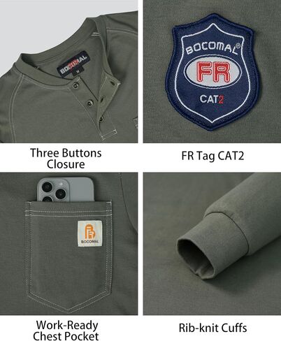 BOCOMAL Men's FR Henley Shirt Flame Resistant 5.5oz Cotton Long Sleeve Workwear UL NFPA2112 CAT2 Welding Tee in Saudi Arabia