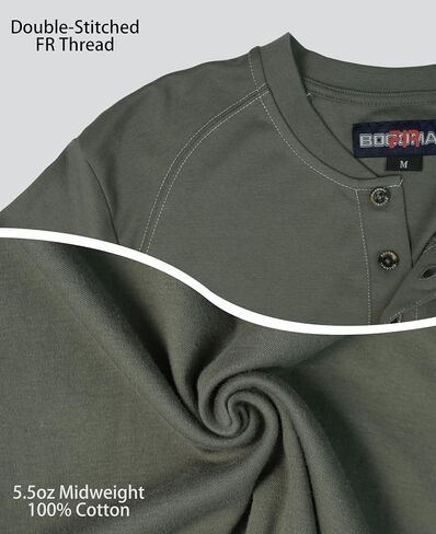 BOCOMAL Men's FR Henley Shirt Flame Resistant 5.5oz Cotton Long Sleeve Workwear UL NFPA2112 CAT2 Welding Tee in Saudi Arabia