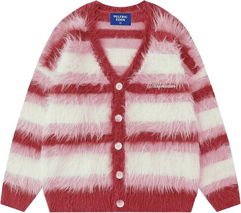 Aelfric Eden Color Blocking Striped Fuzzy Cardigan Crewneck Vintage Oversized Button Down Knit Cardigans Sweater Tops in Saudi Arabia