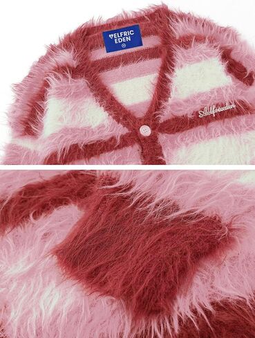 Aelfric Eden Color Blocking Striped Fuzzy Cardigan Crewneck Vintage Oversized Button Down Knit Cardigans Sweater Tops in Saudi Arabia
