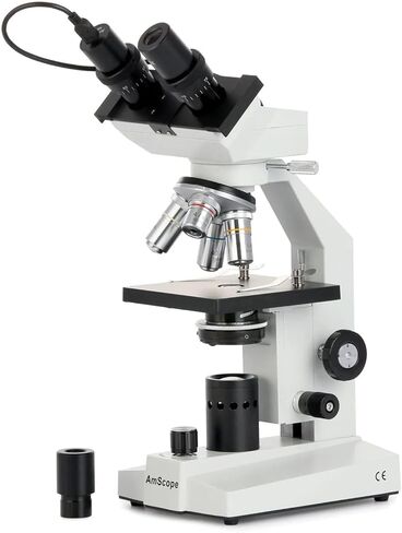 AmScope B100-E 1000X Digital Compound Binocular Microscope, 40X-1000X Magnification, Brightfield, Tungsten Illumination, Abbe Condenser, Plain Stage, Includes 0.3MP Camera and Software in Saudi Arabia