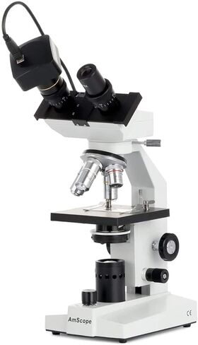 AmScope B100-E 1000X Digital Compound Binocular Microscope, 40X-1000X Magnification, Brightfield, Tungsten Illumination, Abbe Condenser, Plain Stage, Includes 0.3MP Camera and Software in Saudi Arabia