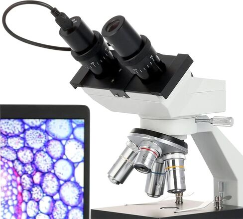 AmScope B100-E 1000X Digital Compound Binocular Microscope, 40X-1000X Magnification, Brightfield, Tungsten Illumination, Abbe Condenser, Plain Stage, Includes 0.3MP Camera and Software in Saudi Arabia