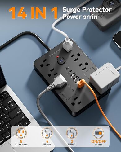 Surge Protector Power Strip - 8 Outlets(1850W/15A) with 6 USB Ports（2 USB C, 6FT Flat Plug Extension Cord, Wall Mount Multi Plug Outlet Extender, ETL Listed for Home, Dorm Room, Black in Saudi Arabia
