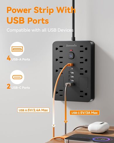 Surge Protector Power Strip - 8 Outlets(1850W/15A) with 6 USB Ports（2 USB C, 6FT Flat Plug Extension Cord, Wall Mount Multi Plug Outlet Extender, ETL Listed for Home, Dorm Room, Black in Saudi Arabia
