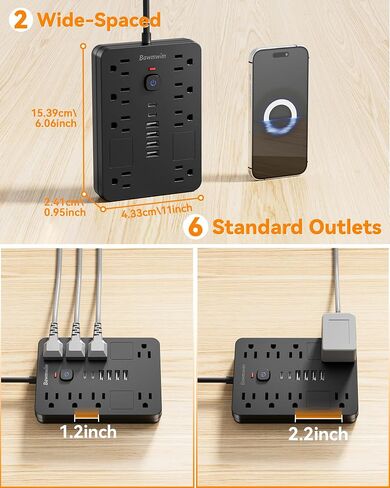 Surge Protector Power Strip - 8 Outlets(1850W/15A) with 6 USB Ports（2 USB C, 6FT Flat Plug Extension Cord, Wall Mount Multi Plug Outlet Extender, ETL Listed for Home, Dorm Room, Black in Saudi Arabia