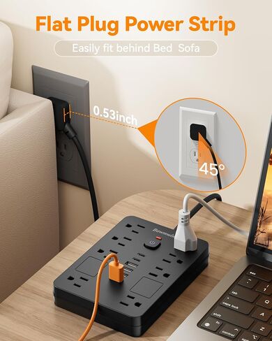 Surge Protector Power Strip - 8 Outlets(1850W/15A) with 6 USB Ports（2 USB C, 6FT Flat Plug Extension Cord, Wall Mount Multi Plug Outlet Extender, ETL Listed for Home, Dorm Room, Black in Saudi Arabia