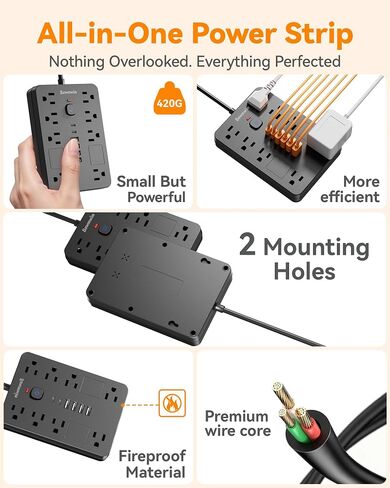 Surge Protector Power Strip - 8 Outlets(1850W/15A) with 6 USB Ports（2 USB C, 6FT Flat Plug Extension Cord, Wall Mount Multi Plug Outlet Extender, ETL Listed for Home, Dorm Room, Black in Saudi Arabia