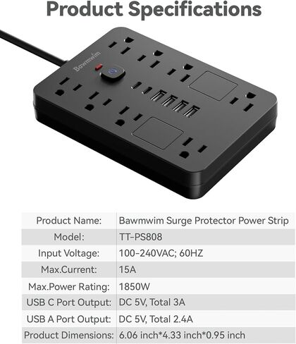 Surge Protector Power Strip - 8 Outlets(1850W/15A) with 6 USB Ports（2 USB C, 6FT Flat Plug Extension Cord, Wall Mount Multi Plug Outlet Extender, ETL Listed for Home, Dorm Room, Black in Saudi Arabia