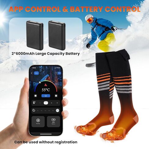 جوارب حرارية للرجال والنساء، قابلة لإعادة الشحن، قابلة للغسل، بطارية 6000 مللي أمبير في الساعة، جوارب حرارية شتوية مع 4 مستويات تسخين للصيد والتخييم والمشي لمسافات طويلة والتزلج وصيد الأسماك وركوب الدراجات والعمل في الهواء الطلق in Kuwait