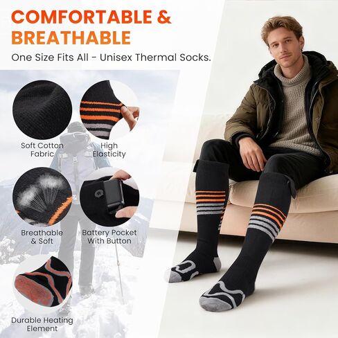 جوارب حرارية للرجال والنساء، قابلة لإعادة الشحن، قابلة للغسل، بطارية 6000 مللي أمبير في الساعة، جوارب حرارية شتوية مع 4 مستويات تسخين للصيد والتخييم والمشي لمسافات طويلة والتزلج وصيد الأسماك وركوب الدراجات والعمل في الهواء الطلق in Kuwait