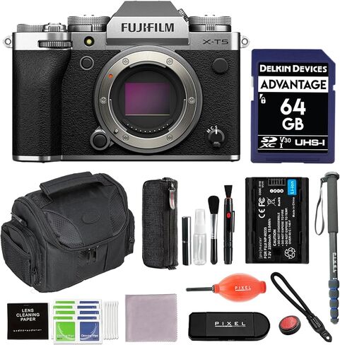 FUJIFILM X-T5 Mirrorless Camera (Silver) Bundle with Extra Battery, Monopod, 64GB SDXC Card & More | USA Authorized with Fujifilm Warranty | Fuji x-t5 in Saudi Arabia