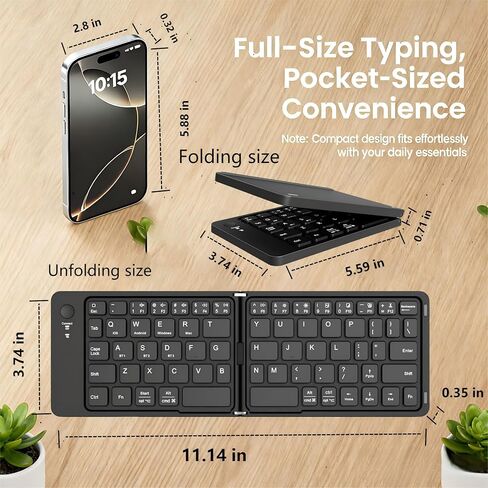 QUARK Foldable Compact Keyboard, Portable Bluetooth Keyboard, Wireless Pocket-Sized Travel Keyboards for iPad, iPhone, for Mac for iOS for Android for Windows,Tablet and Laptop,Black (Black) in Saudi Arabia