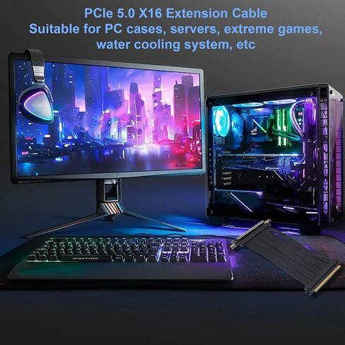 Yunseity PCIE 5.0 Riser Cable, 128GB / s Speed Flexible Extender Card Extension Port 90 Degree Adapter, PCIE 5.0 X16 GPU Graphics Card Extension Cable for 4090 Ti, 20cm, Black in Saudi Arabia