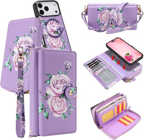 Compatible for iPhone 17 Pro Max Phone Case Crossbody Wallet,Detachable Magnetic,Card Holder,Wrist Lanyard Strap,Zipper Wallet Case for Men Women.PurpleFlower in Saudi Arabia