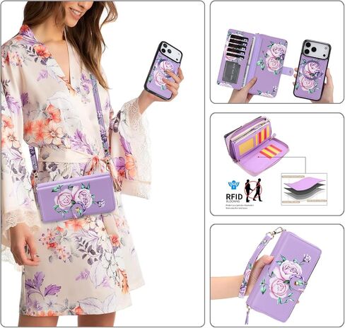 Compatible for iPhone 17 Pro Max Phone Case Crossbody Wallet,Detachable Magnetic,Card Holder,Wrist Lanyard Strap,Zipper Wallet Case for Men Women.PurpleFlower in Saudi Arabia
