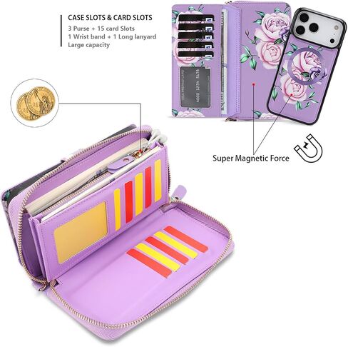 Compatible for iPhone 17 Pro Max Phone Case Crossbody Wallet,Detachable Magnetic,Card Holder,Wrist Lanyard Strap,Zipper Wallet Case for Men Women.PurpleFlower in Saudi Arabia
