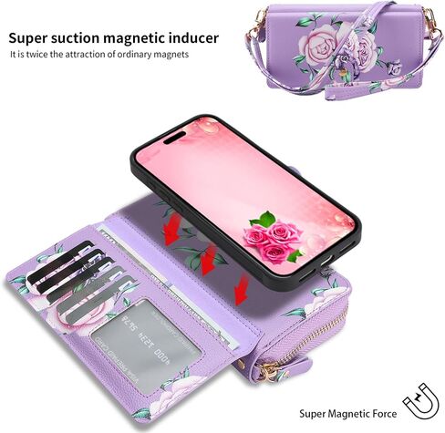 Compatible for iPhone 17 Pro Max Phone Case Crossbody Wallet,Detachable Magnetic,Card Holder,Wrist Lanyard Strap,Zipper Wallet Case for Men Women.PurpleFlower in Saudi Arabia
