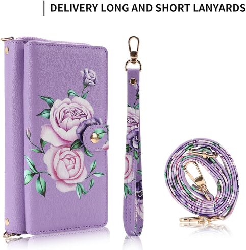 Compatible for iPhone 17 Pro Max Phone Case Crossbody Wallet,Detachable Magnetic,Card Holder,Wrist Lanyard Strap,Zipper Wallet Case for Men Women.PurpleFlower in Saudi Arabia