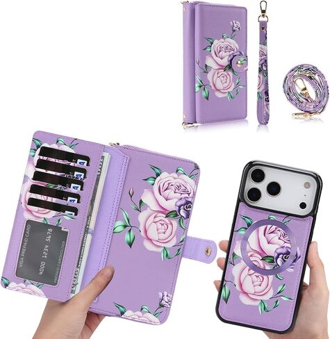 Compatible for iPhone 17 Pro Max Phone Case Crossbody Wallet,Detachable Magnetic,Card Holder,Wrist Lanyard Strap,Zipper Wallet Case for Men Women.PurpleFlower in Saudi Arabia