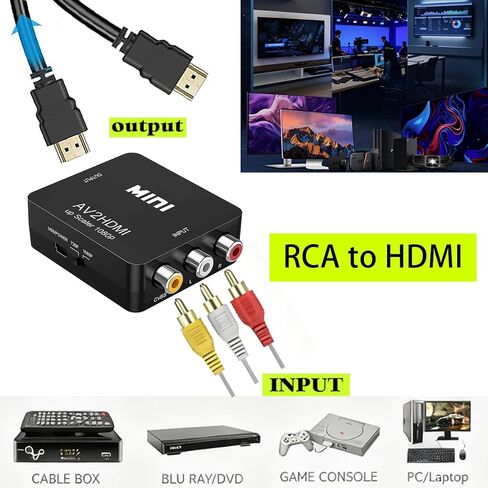 RCA to HDMI Converter, 1080P Mini RCA Composite CVBS AV to HDMI Video Audio Converter Adapter for PC Xbox PS4 PS3 VHS VCR DVD TV STB Support PAL/NTSC with USB Power Cable in Saudi Arabia