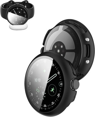 حافظة واقية صلبة من البولي كربونات مقاس 45 ملم لساعة Google Pixel Watch 4 مع واقي شاشة من الزجاج المقوى، وشحن ملائم للحافظة - أسود in Saudi Arabia