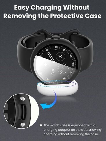 حافظة واقية صلبة من البولي كربونات مقاس 45 ملم لساعة Google Pixel Watch 4 مع واقي شاشة من الزجاج المقوى، وشحن ملائم للحافظة - أسود in Saudi Arabia
