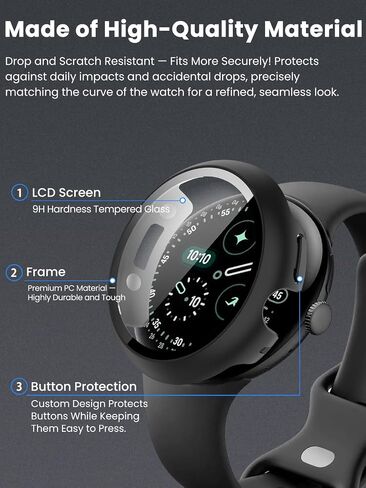 حافظة واقية صلبة من البولي كربونات مقاس 45 ملم لساعة Google Pixel Watch 4 مع واقي شاشة من الزجاج المقوى، وشحن ملائم للحافظة - أسود in Saudi Arabia