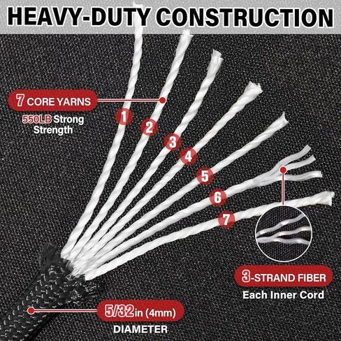 Paracord Rope 550 lb - 100ft 5/32" Parachute Cord 4MM 7-Strand para Cord - Heavy Duty Spool String for Survival,Camping Gear, Survival Bracelet, Clothesline - Black in Saudi Arabia