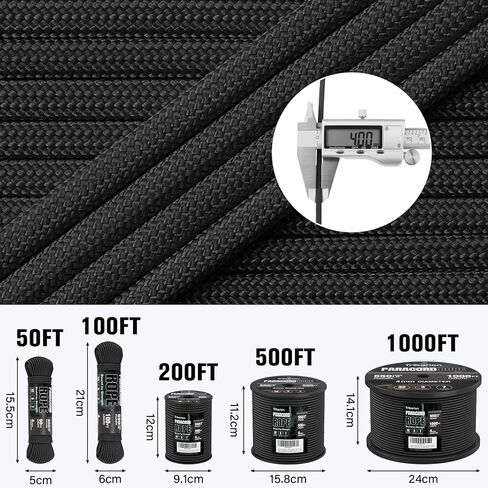 Paracord Rope 550 lb - 100ft 5/32" Parachute Cord 4MM 7-Strand para Cord - Heavy Duty Spool String for Survival,Camping Gear, Survival Bracelet, Clothesline - Black in Saudi Arabia
