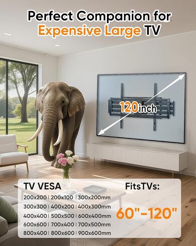Extra Long Arm Sliding TV Wall Mount with 43inch Extension, Heavy Duty Full Motion TV Mount for Extra Large 85, 90, 98, 100, 120" Screens up to 299 lbs, Max VESA 900x600mm, 16-24" Stud Wall in Saudi Arabia