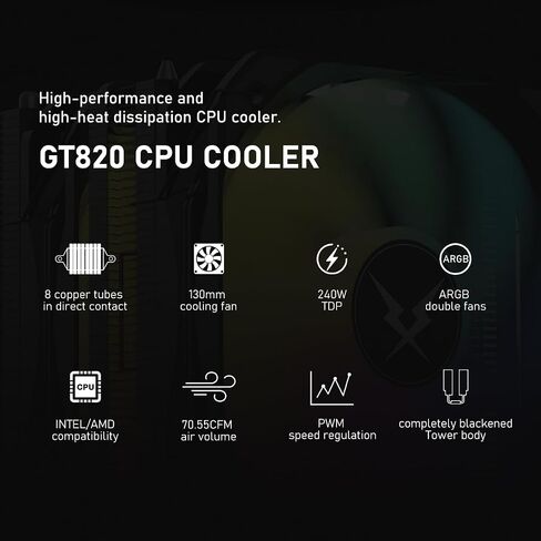 مبرد هواء وحدة المعالجة المركزية RUIX GT820، 8 أنابيب حرارية، برج مزدوج، مروحة PWM 130 مم، 240 وات TDP، لـ AMD AM4 AM5/Intel LGA 1851/1700/1200/115X، أسود - بدون ضوء in Kuwait